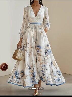 Floral White Maxi Dress with Blue Accents